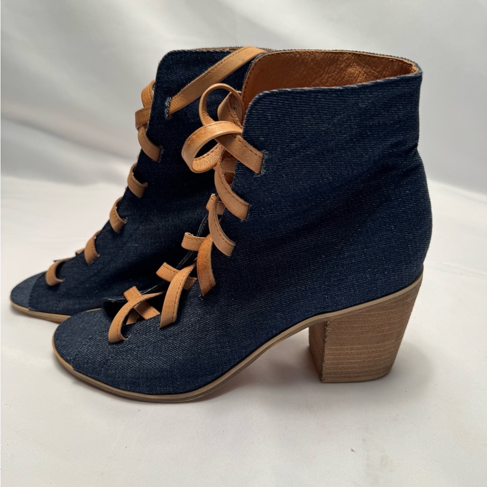 Silent D Womens Grollat Ankle Booties Navy Denim Lace Up Open Toe Size 40